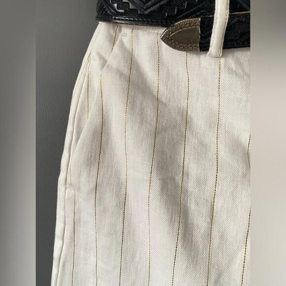 Coastal Chic Rachel Zoe Mid-Length Skirt White Gold Striped Linen - Picture 2 of 13